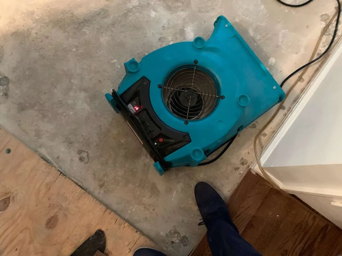 Air mover drying subfloor during Leak Detection & Repair in Martinsville